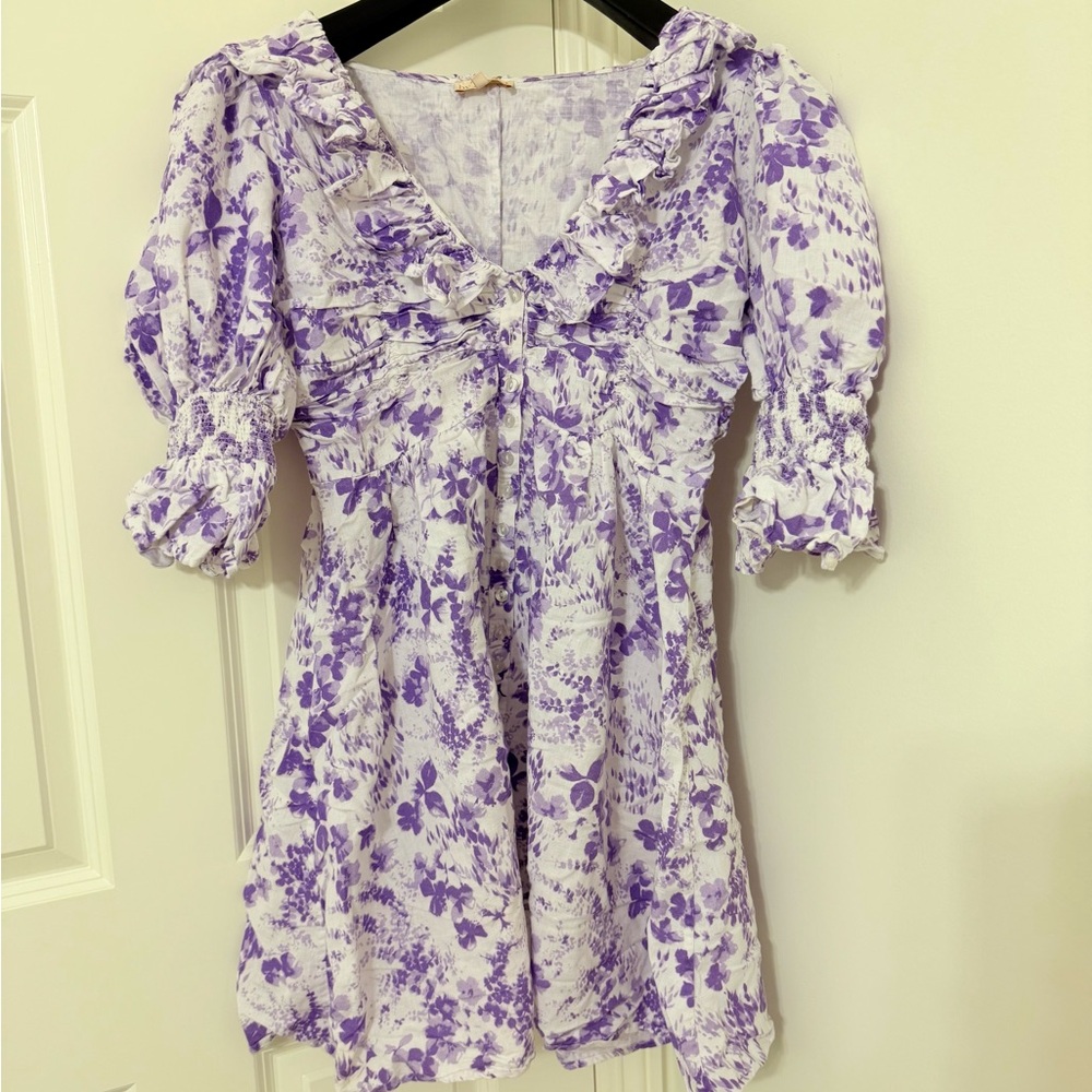 byTiMo floral linen cotton minidress V-neck ruffled trim size L - Picture 2 of 7